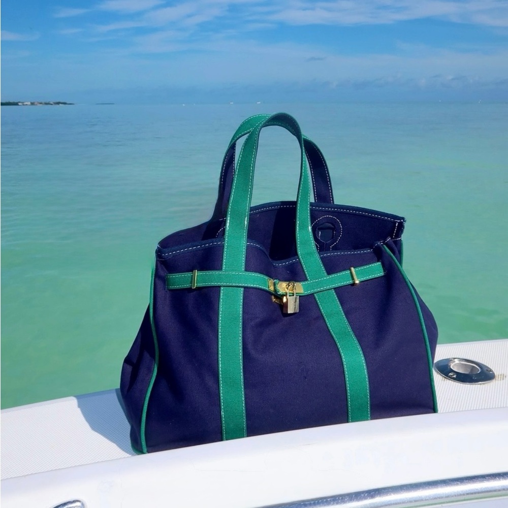 Navy and Green Canvas Tote Bag with Gold Hardware